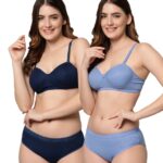 Accessorize Kingdom Women Cotton 2 Piece Bra and Panties Lingerie Set for Honeymoon | Anniversary | Everyday Bra Panty Combo (34, Light Blue + Navy Blue)