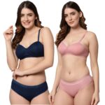 Accessorize Kingdom Women Cotton 2 Piece Bra and Panties Lingerie Set for Honeymoon | Anniversary | Everyday Bra Panty Combo (38, Pink + Navy Blue)