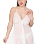 Accessorize Kingdom Women's Honeymoon Dress Lace Lingerie Set V Neck Sheer Asymmetrical Babydoll with G-String Night Suit (White)