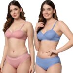 Accessorize Kingdom Women Cotton 2 Piece Bra and Panties Lingerie Set for Honeymoon | Anniversary | Everyday Bra Panty Combo (34, Light Blue + Pink)