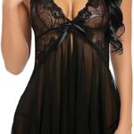 Accessorize Kingdom Women's Honeymoon Dress Lace Lingerie Set V Neck Sheer Asymmetrical Babydoll With G-String Above The Knee Night Suit (Black) Free Size