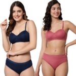 Accessorize Kingdom Women Cotton 2 Piece Bra and Panties Lingerie Set for Honeymoon | Anniversary | Everyday Bra Panty Combo (36, Navy Blue + Brown)
