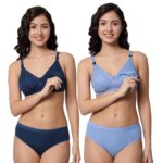 Accessorize Kingdom Women Cotton 2 Piece Maternity Nursing Bra and Panties Lingerie Set | Everyday Maternity Bra for Women Feeding Combo Pack (C, Navy & Light Blue, 36)