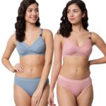 Accessorize Kingdom Women Cotton 2 Piece Maternity Nursing Bra and Panties Lingerie Set | Everyday Maternity Bra for Women Feeding Combo (B, Blue + Pink, 34)