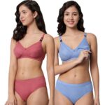 Accessorize Kingdom Women Cotton 2 Piece Maternity Nursing Bra and Panties Lingerie Set | Everyday Maternity Bra for Women Feeding Combo Pack (C, Brown+Light Blue, 38)