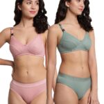 Accessorize Kingdom Women Cotton 2 Piece Maternity Nursing Bra and Panties Lingerie Set | Everyday Maternity Bra for Women Feeding Combo (B, Green + Pink, 38)