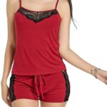 Accessorize Kingdom Women, Girls Sleepwear Lace Pajamas Set Shorts Nightwear Camisole Short Sets Wine Red