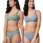 Accessorize Kingdom Women Cotton 2 Piece Maternity Nursing Bra and Panties Lingerie Set | Everyday Maternity Bra for Women Feeding Combo (B, Green + Blue, 34)